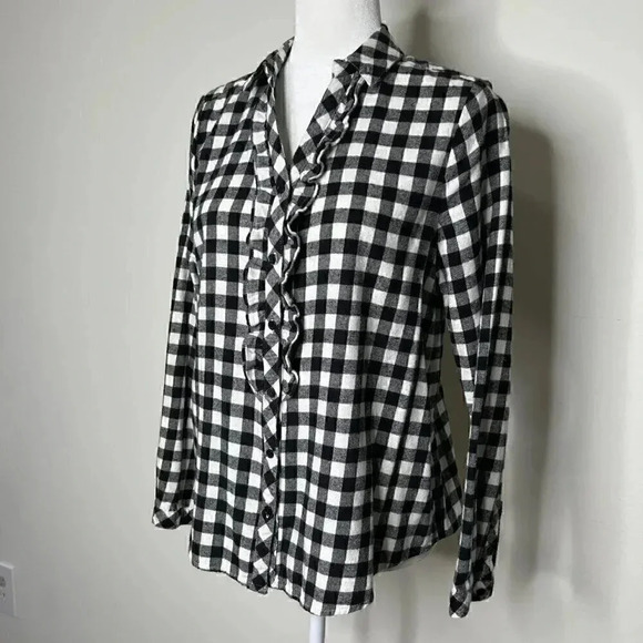 MELLO DAY Black & White Buffalo Check Flannel Ruffle Button Down - Holiday Plaid - Picture 1 of 10